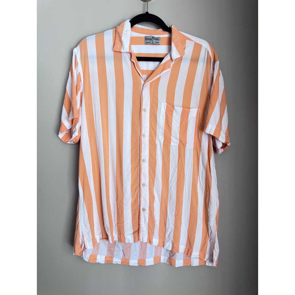 Kenny Flowers Limited Edition Orange White Striped Rayon Camp Shirt Mens Large